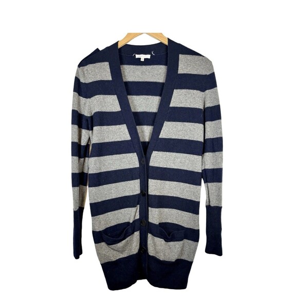 Vince Cashmere Navy Blue Gray Striped Long Sleeve Pocket Cardigan Sweater Small - Picture 1 of 6